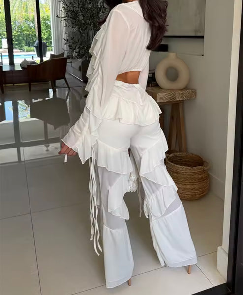 Women Ruffled Tie Up Full Sleeve Fashion Two Piece Pant Set