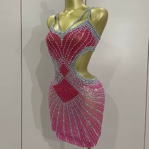 Women Sexy Sleeveless Open Back Pink Rhinestone Dress