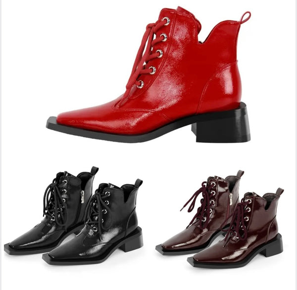 Women Pointed Toe Patent Leather Lace Up Flat Ankle Boots
