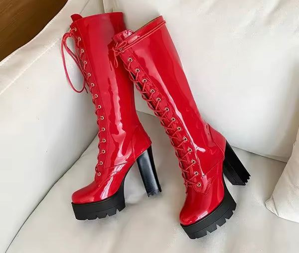 Women Fashion Patent Leather Lace Up Platform High Heel Boots