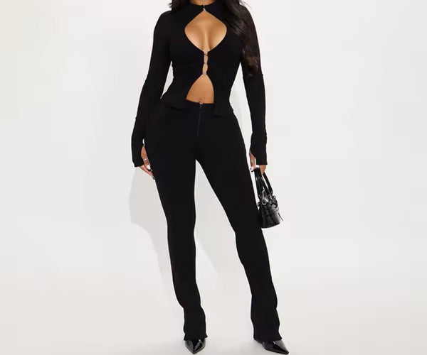 Women Sexy Solid Color Full Sleeve Cut Out Two Piece Pant Set