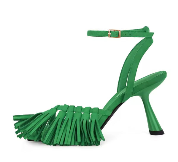 Women Open Toe Fringe Ankle Strap High Heel Sandals