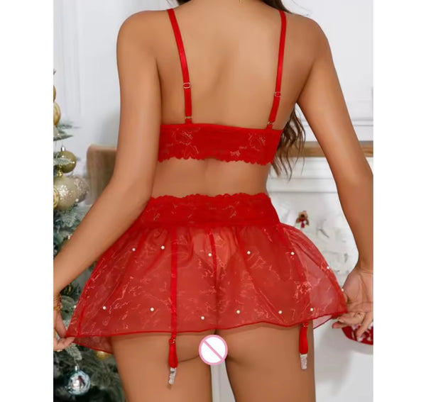 Women Sexy Red Lace Mesh Lingerie Set