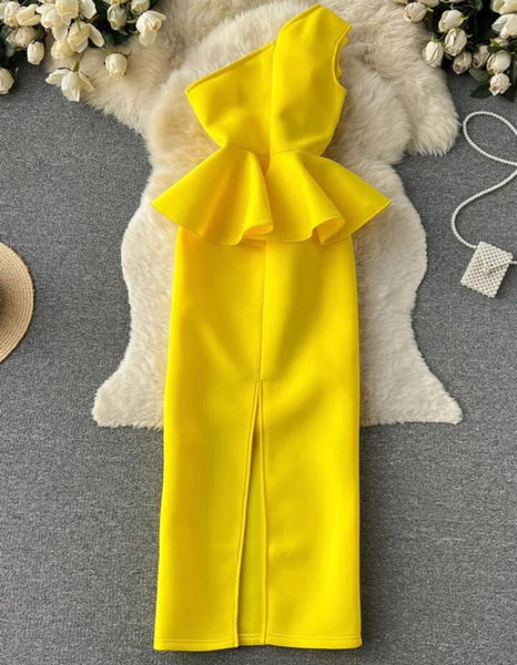 Women Sexy Strapless Floral Yellow Ruffled Maxi Dress