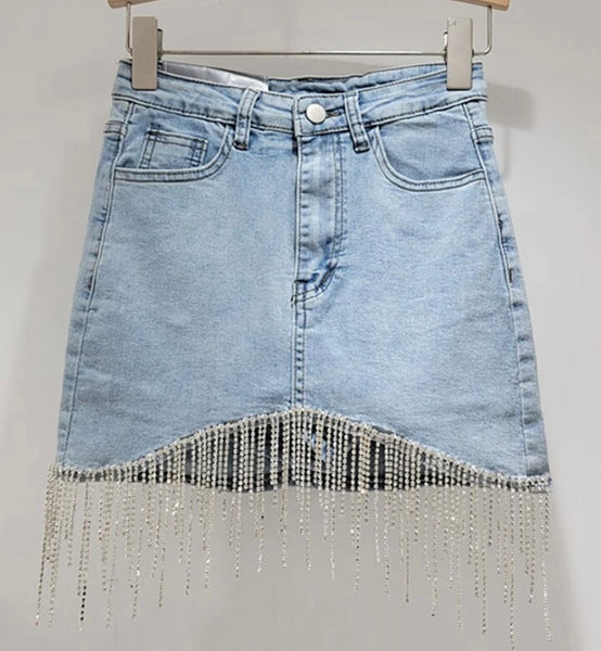 Women Fashion Bling Tassel Denim Skirt