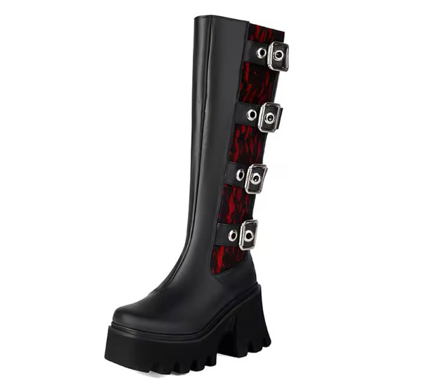Women Fashion Lace Buckled Platform Knee High Boots