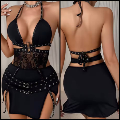 Women Black Halter Sexy Metal Ring Buckled Lingerie Set