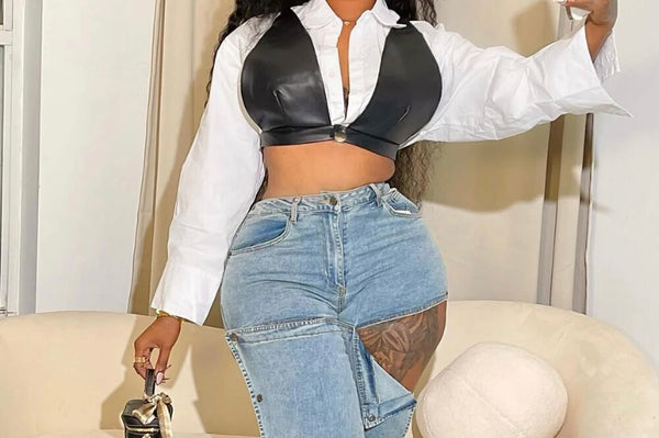 Women B&W Fashion Full Sleeve Faux Leather Two Piece Top Set