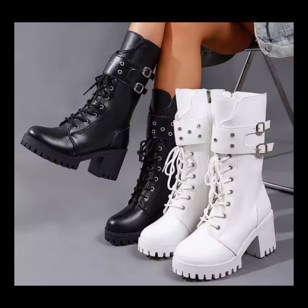 Women Fashion Tie Up Double Buckle Zip Up Ankle Boots
