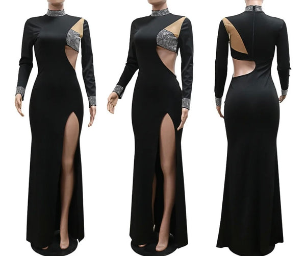 Women Sexy Bling Patchwork Full Sleeve Side Split Maxi Dress