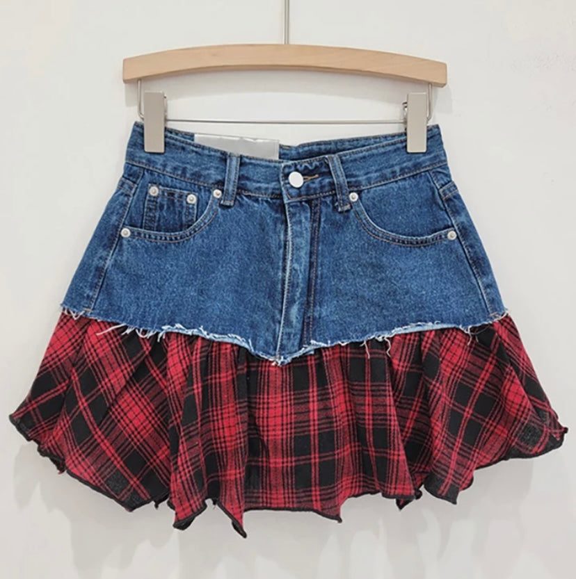 Women Sexy Fashion Color Plaid Denim Skirt