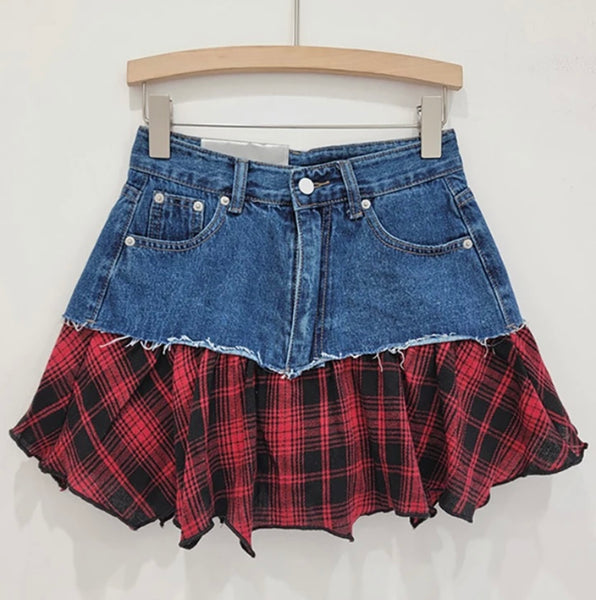 Women Sexy Fashion Color Plaid Denim Skirt