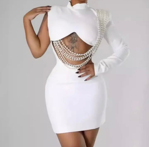 Women Sexy One Shoulder Full Sleeve Cut Out Pearl White Dress