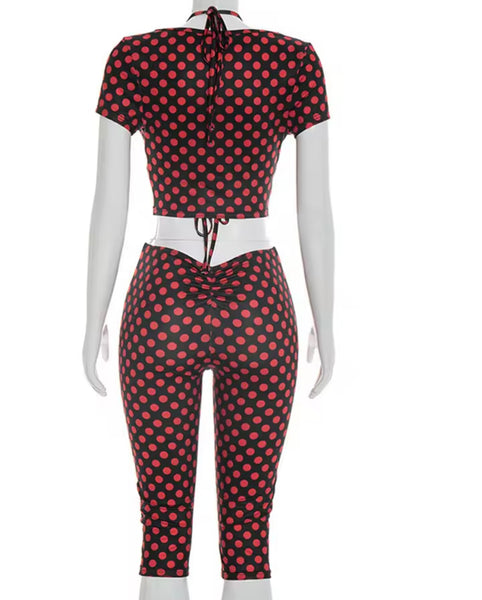 Women Sexy Fashion Polka Dot Crop Three Piece Capri Pant Set