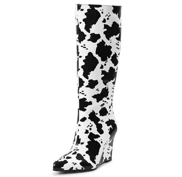 Women Fashion B&W Animal Print Wedge Knee High Boots