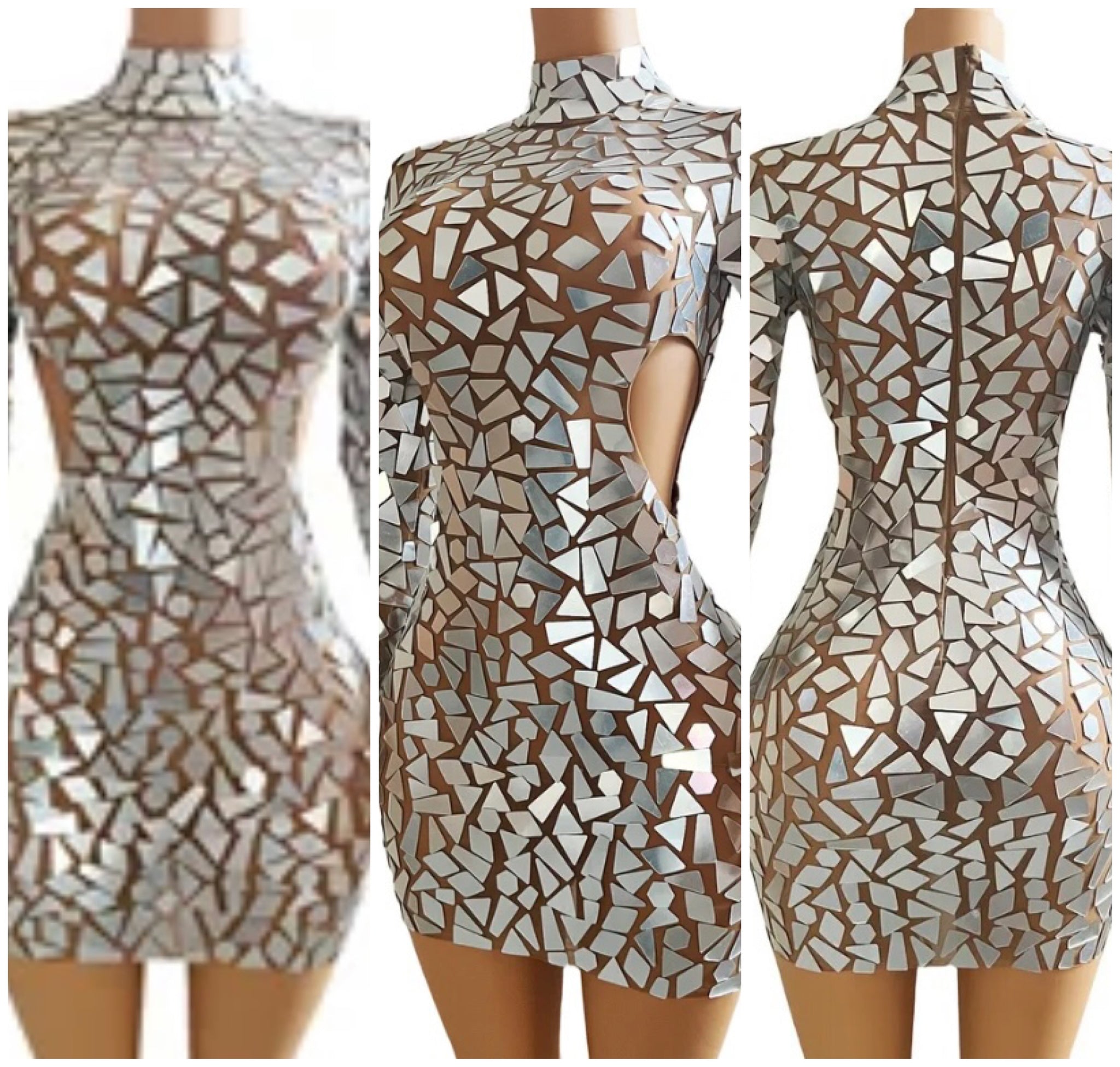 Women Sexy Silver Mirror Full Sleeve Mesh Hollow Out Dress