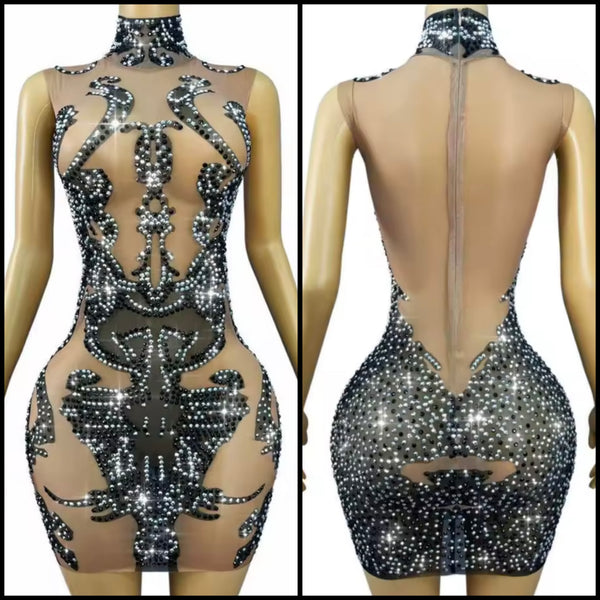 Women Sexy Sleeveless Mesh Black Rhinestone Dress