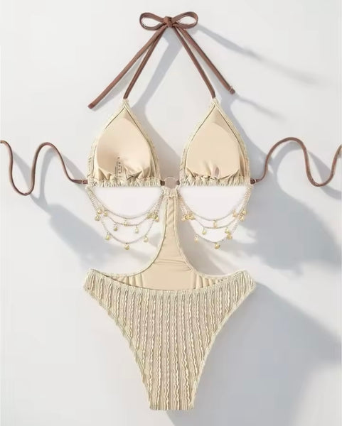 Women Sexy Tie Up Halter Chain Swimsuit