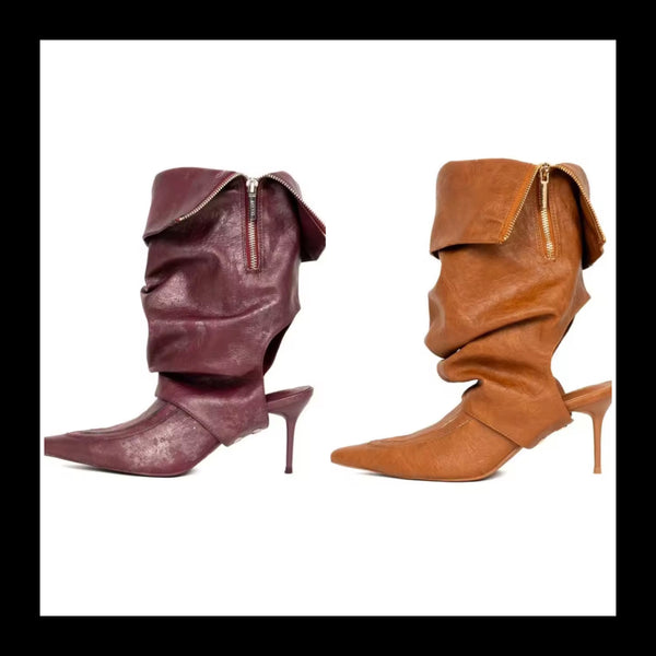 Women Fashion Pointed Toe Zipper Ruche Ankle Boots