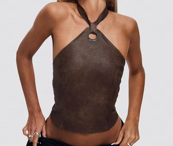 Women Halter Sleeveless Brown Faux Leather Crop Top