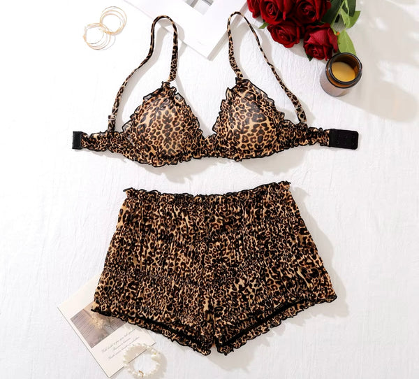 Women Sexy Leopard Print Short Lingerie Set