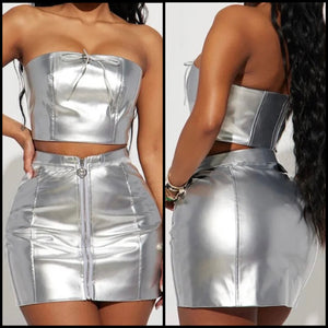 Women Silver Sexy Strapless Two Piece PU Skirt Set