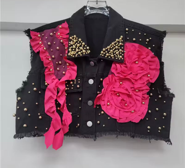Women Sleeveless Rivet Floral Denim Vest Two Piece Pant Set