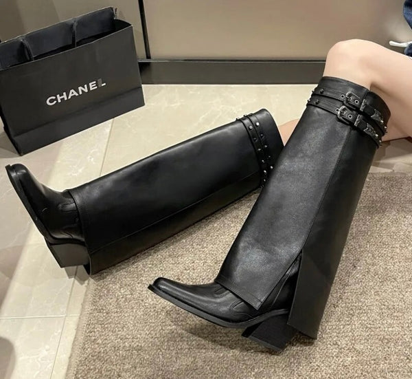 Women Knee High Buckled Black Fashion Boots