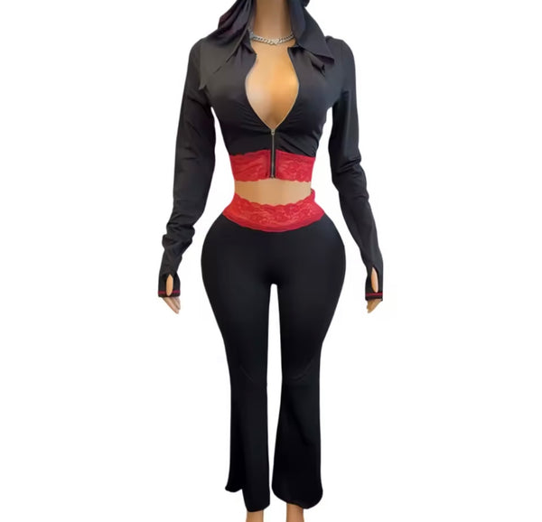 Women Color Lace Patchwork Hooded Zip Up Two Piece Pant Set