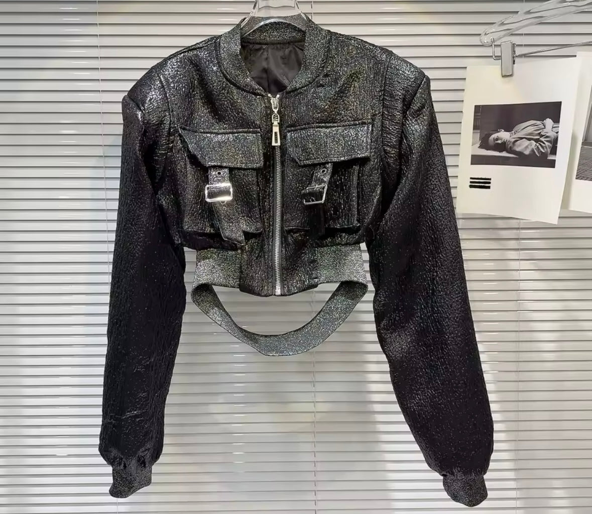 Women Color Fashion Buckled Zip Up Crop Jacket