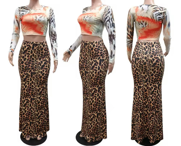 Women Printed Full Sleeve Leopard Two Piece Maxi Skirt Set