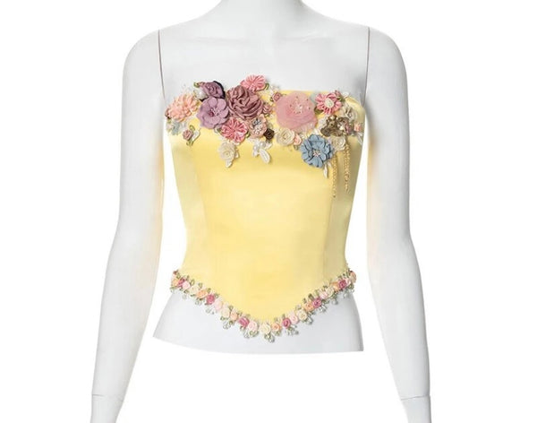 Women Sexy Yellow Floral Strapless Corset Top