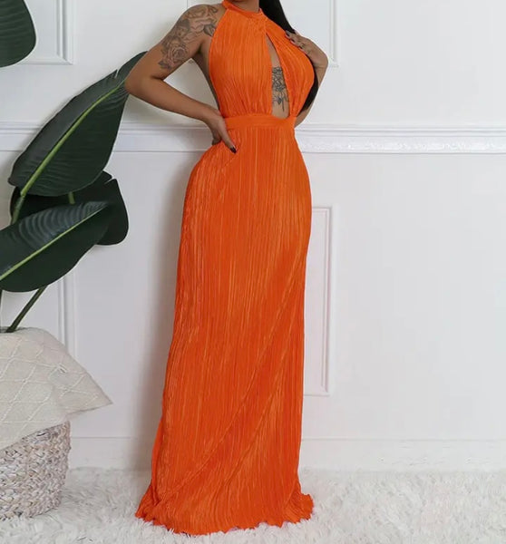 Women Sexy Halter Sleeveless Open Back Solid Color Maxi Dress