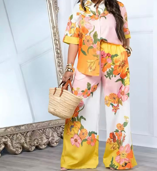 Women Fashion Button Up Printed Short Sleeve Two Piece Pant Set
