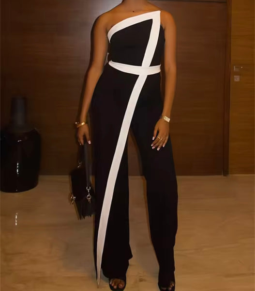 Women Sexy Strapless B&W Asymmetrical Jumpsuit