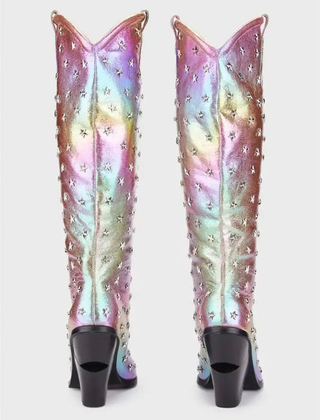 Women Fashion Star Rivet Western Knee High Boots