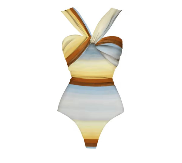 Women Halter Multicolored Striped Swimsuit Cover Up Set