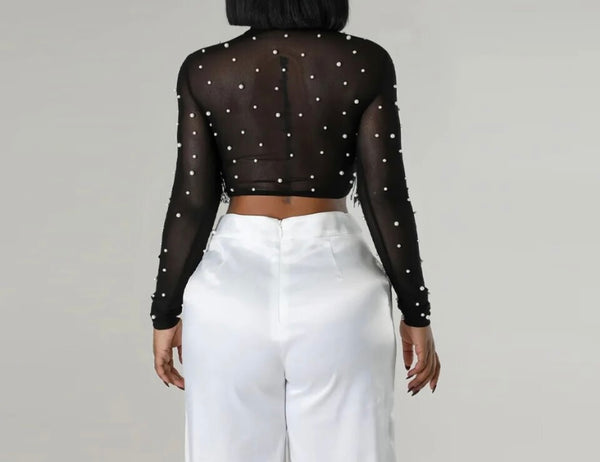 Women Pearl Tassel Mesh Full Sleeve Fashion Crop Top