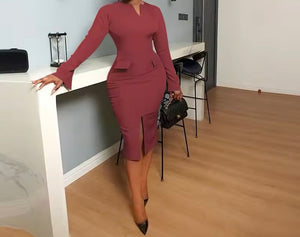 Women Sexy Solid Color Pocket Full Sleeve Dress