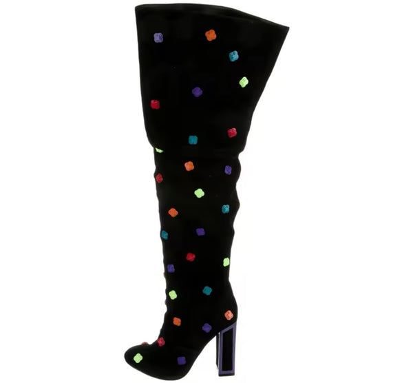Women Fashion Black Colorful Print Suede Knee High Boots