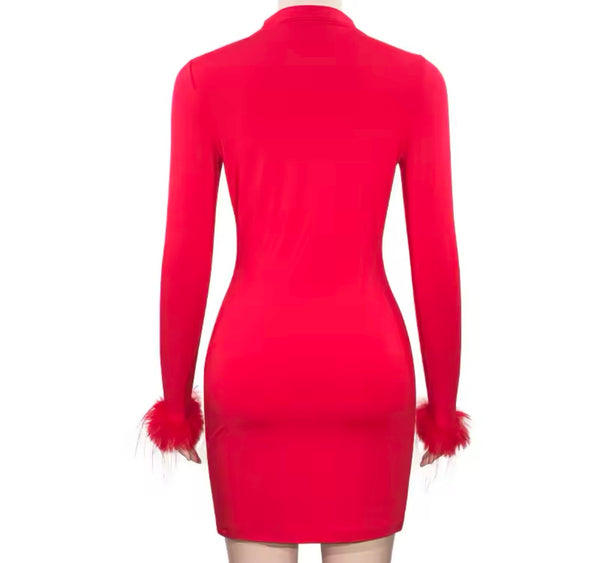 Women Sexy Solid Color Feather Full Sleeve Dress