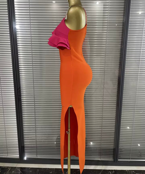 Women Sexy Sleeveless Orange Color Block Ruffle Maxi Dress