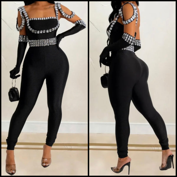 Women Sexy Black Bling Glove Fashion Jumpsuit