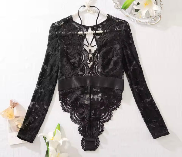 Women Sexy Black Lace Open Back Full Sleeve Bodysuit Lingerie