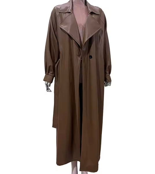 Women Fashion Brown Button Belted Faux Leather Trench Jacket