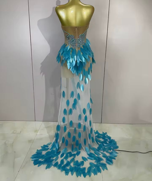 Women Sexy Strapless Beaded Sequins Side Split Maxi Dress