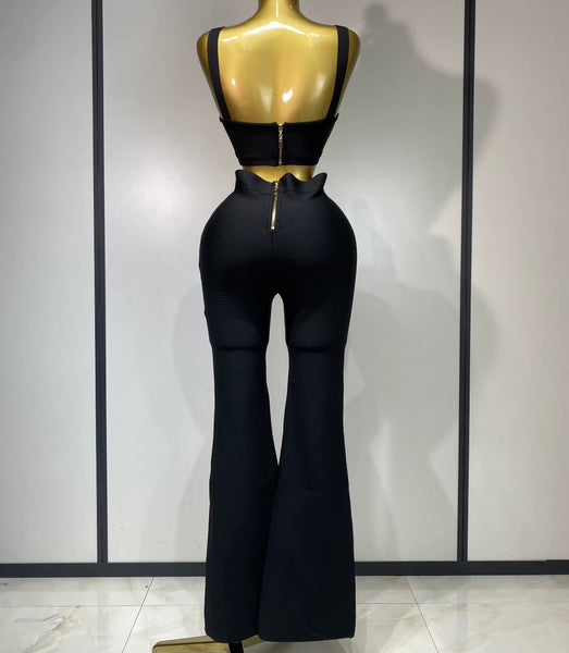 Women Color Sleeveless Sexy Crop Two Piece Pant Set
