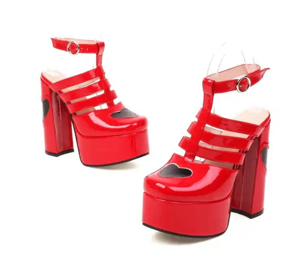 Women Heart Patent Leather Platform Fashion Shoes