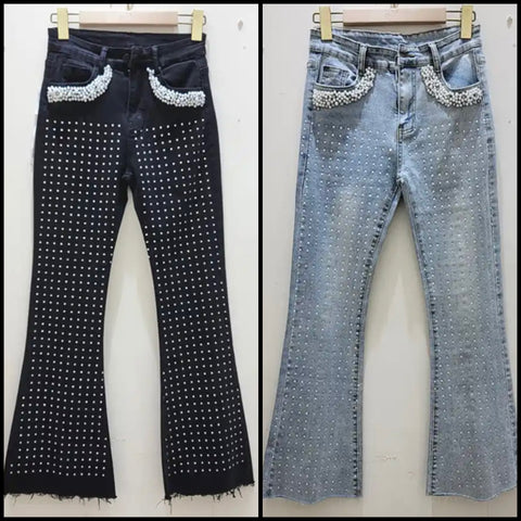 Women Fashion Bling Rivet Denim Pants