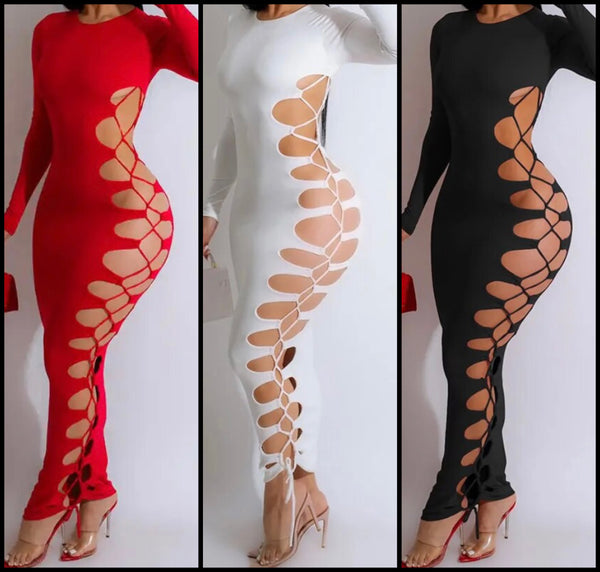 Women Sexy Full Sleeve Side Cut Out Lace Up Maxi Dress